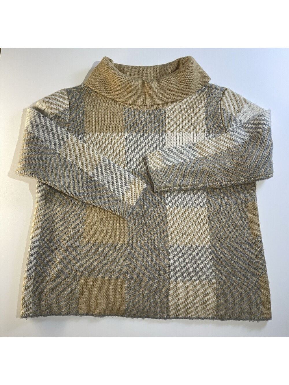 Coldwater Creek Women’s 2X Plaid Turtleneck Sweater Tan Gray White Cotton Blend
